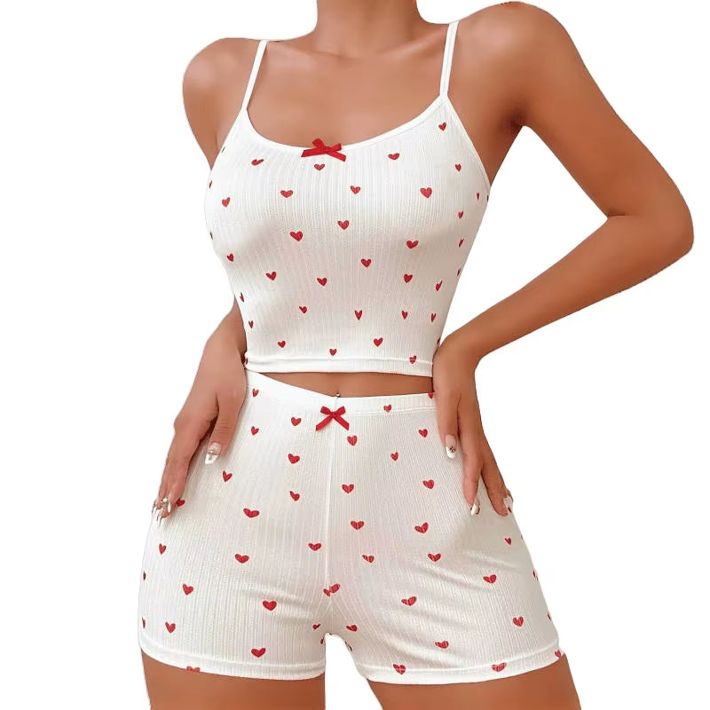 Women Pajamas Suit Camisole Short Pants Heart Print Bow Shorts Summer 2 Piece Sets Sweet Sleeveless Sleepwear Outfits Loungewear