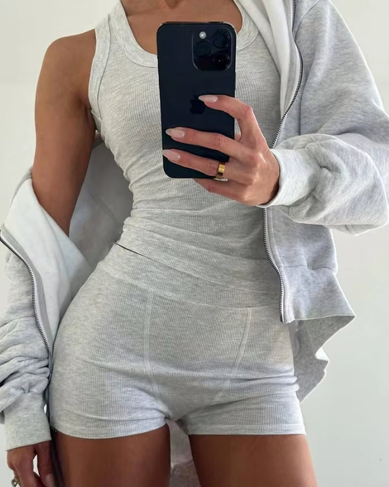 Women'S Urban Style Suits 2025 Spring Summer Latest Solid Color Elegant Tight 2Pcs U-Neck Tank Top&Casual High Waist Shorts Set