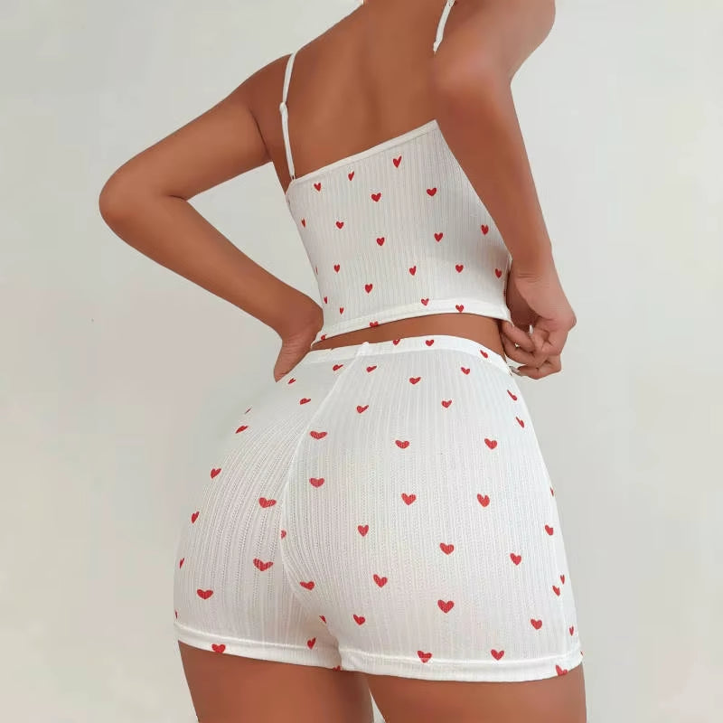 Women Pajamas Suit Camisole Short Pants Heart Print Bow Shorts Summer 2 Piece Sets Sweet Sleeveless Sleepwear Outfits Loungewear
