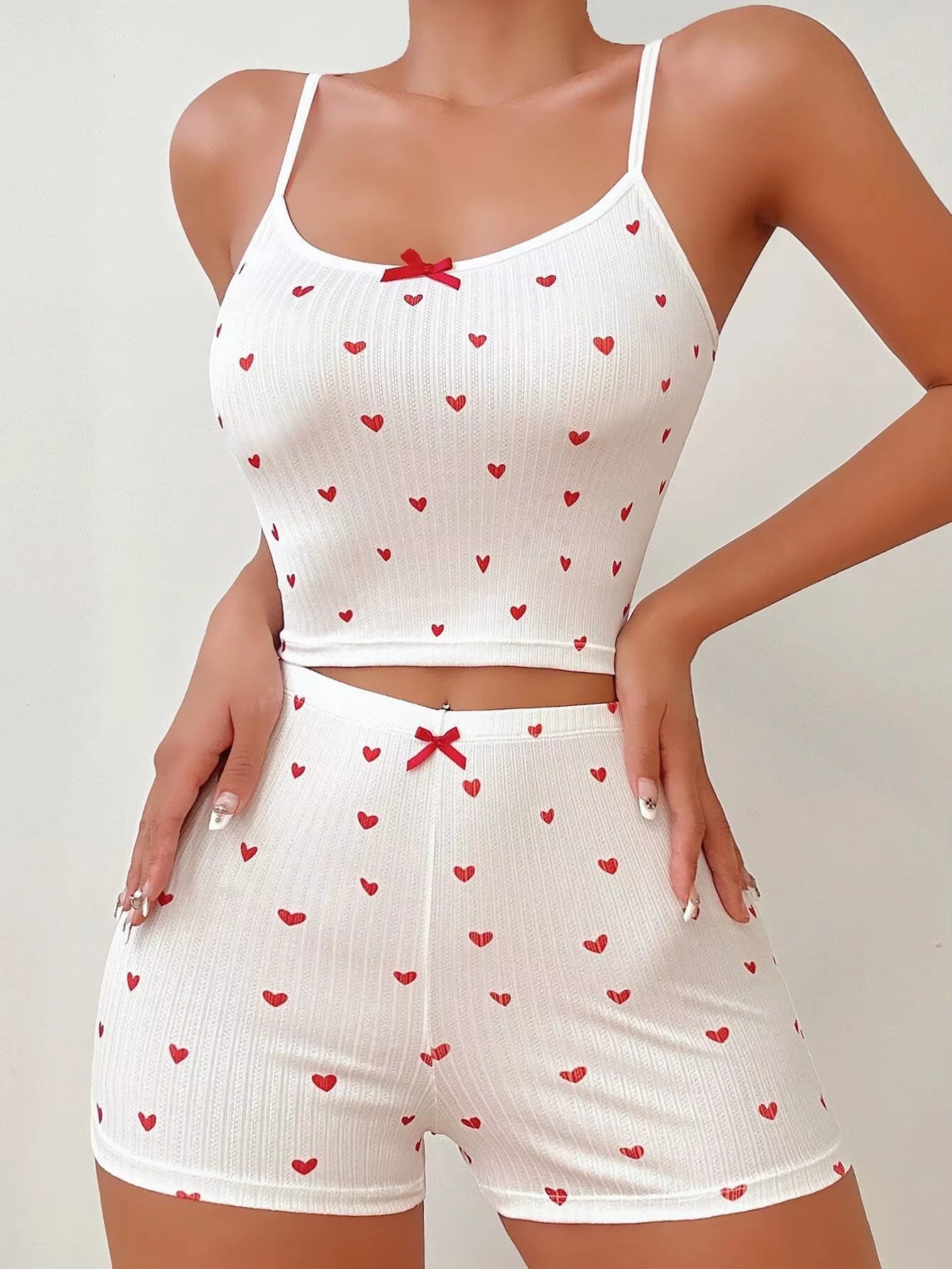 Women Pajamas Suit Camisole Short Pants Heart Print Bow Shorts Summer 2 Piece Sets Sweet Sleeveless Sleepwear Outfits Loungewear