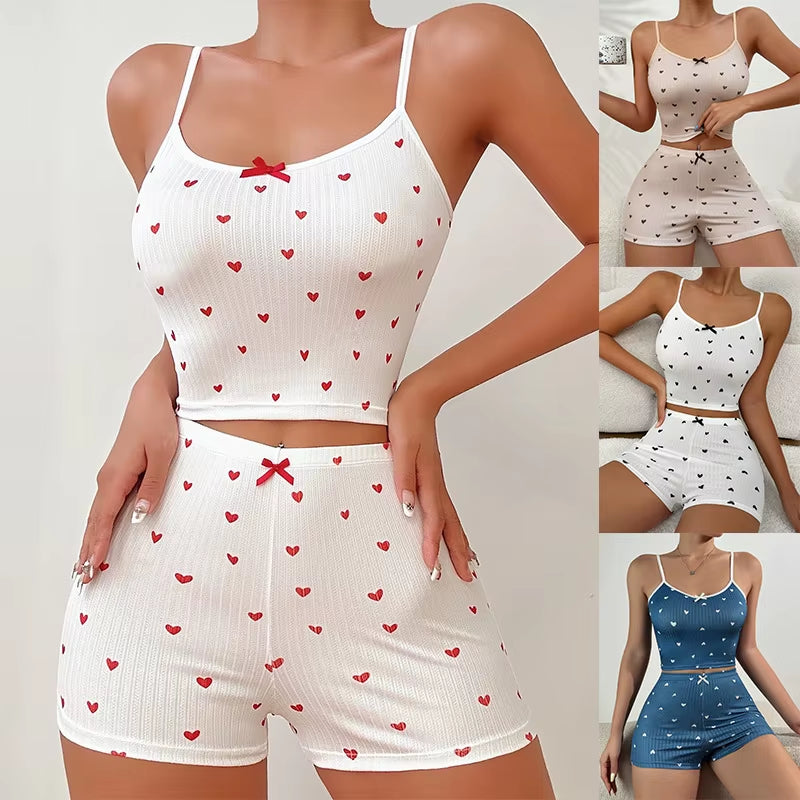 Women Pajamas Suit Camisole Short Pants Heart Print Bow Shorts Summer 2 Piece Sets Sweet Sleeveless Sleepwear Outfits Loungewear