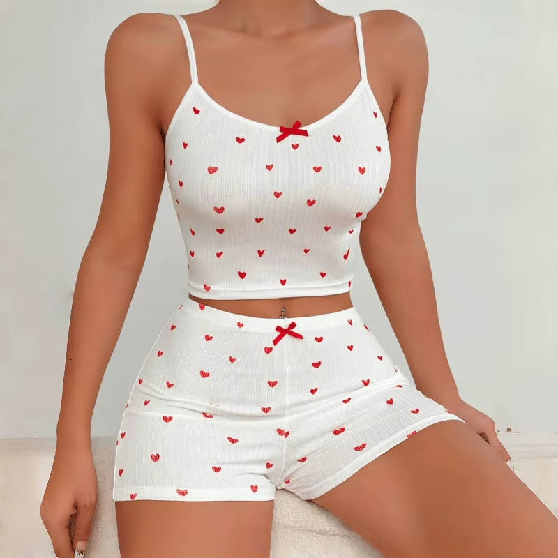 Women Pajamas Suit Camisole Short Pants Heart Print Bow Shorts Summer 2 Piece Sets Sweet Sleeveless Sleepwear Outfits Loungewear